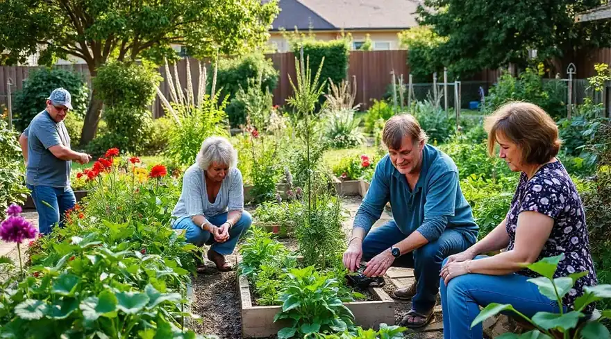 Several adults tending raised vegetable and flower beds in a sunny shared garden