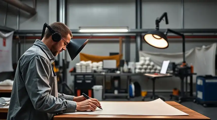 Person in a work jacket and headphones drawing plans at a desk with a lamp and drafting tools