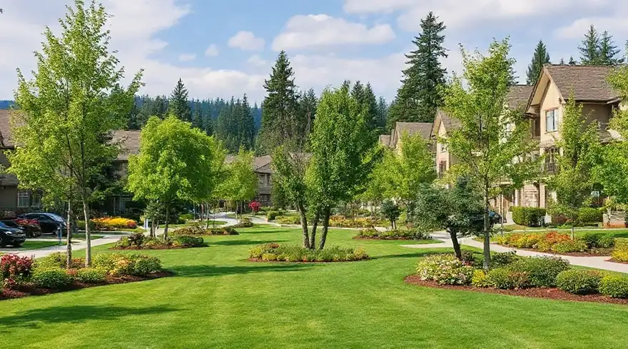 Curving lane of houses with a wide green lawn and mature trees in the foreground