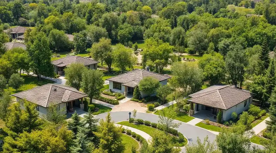 Aerial view of several detached houses with tiled roofs set among dense green trees