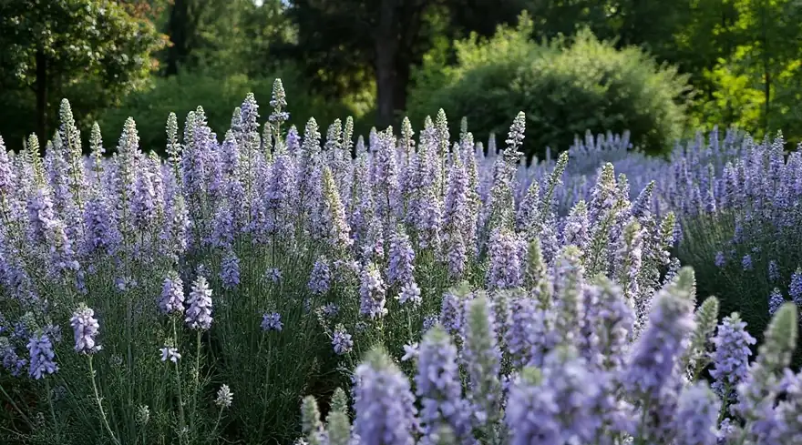 Field of flowering lavender in full bloom under soft light